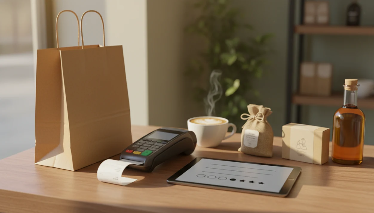 A small shop checkout counter shows a receipt, bag, card reader, and tablet ready for post-purchase feedback.