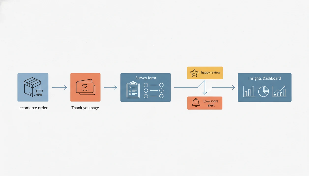 A simple diagram shows a post-purchase survey workflow from order to feedback, alerts, reviews, and insights.