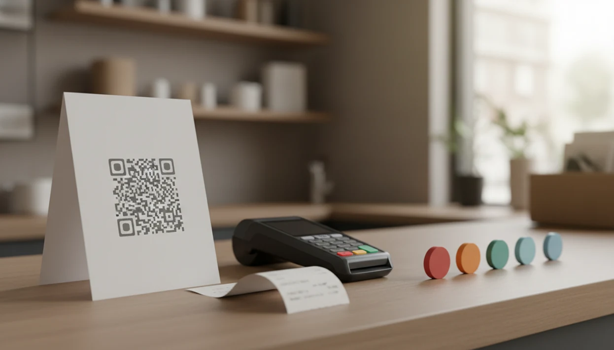 A QR feedback card sits on a small business counter beside a receipt and rating tokens.