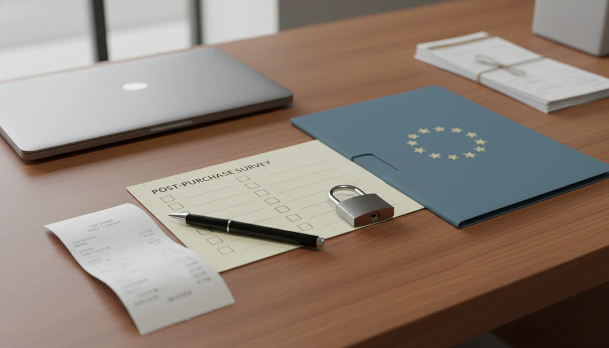 A blank customer survey card, receipt, pen, and padlock sit on a small business counter.