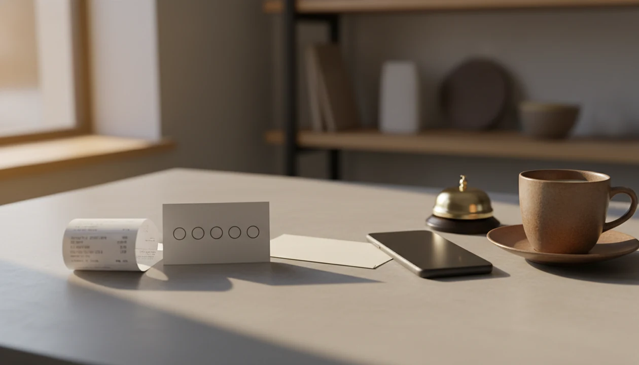 A receipt, feedback card, envelope, and phone sit on a small business counter in warm light.