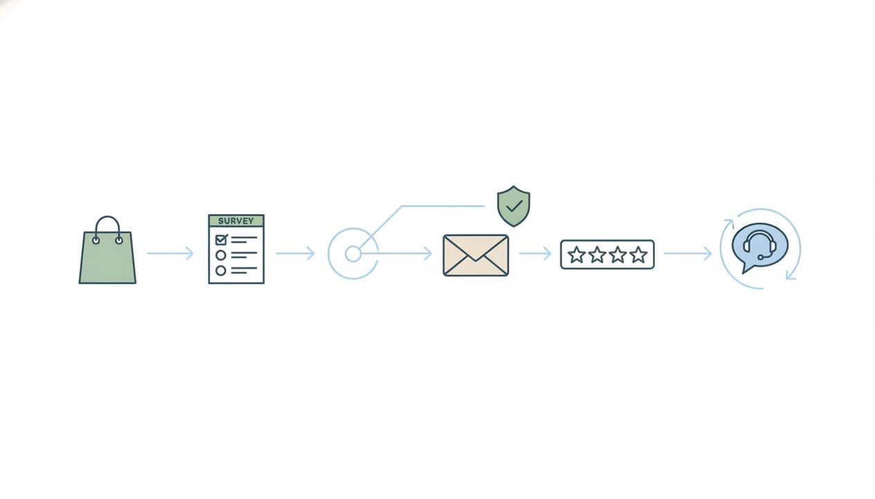 A simple flow diagram shows purchase, survey, follow-up message, public review, and support loop.