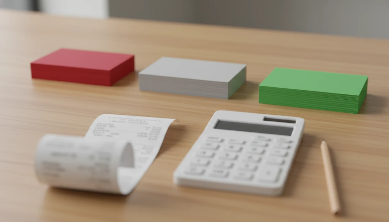 A calculator, receipt, pencil, and color-coded survey cards arranged to show NPS response groups.