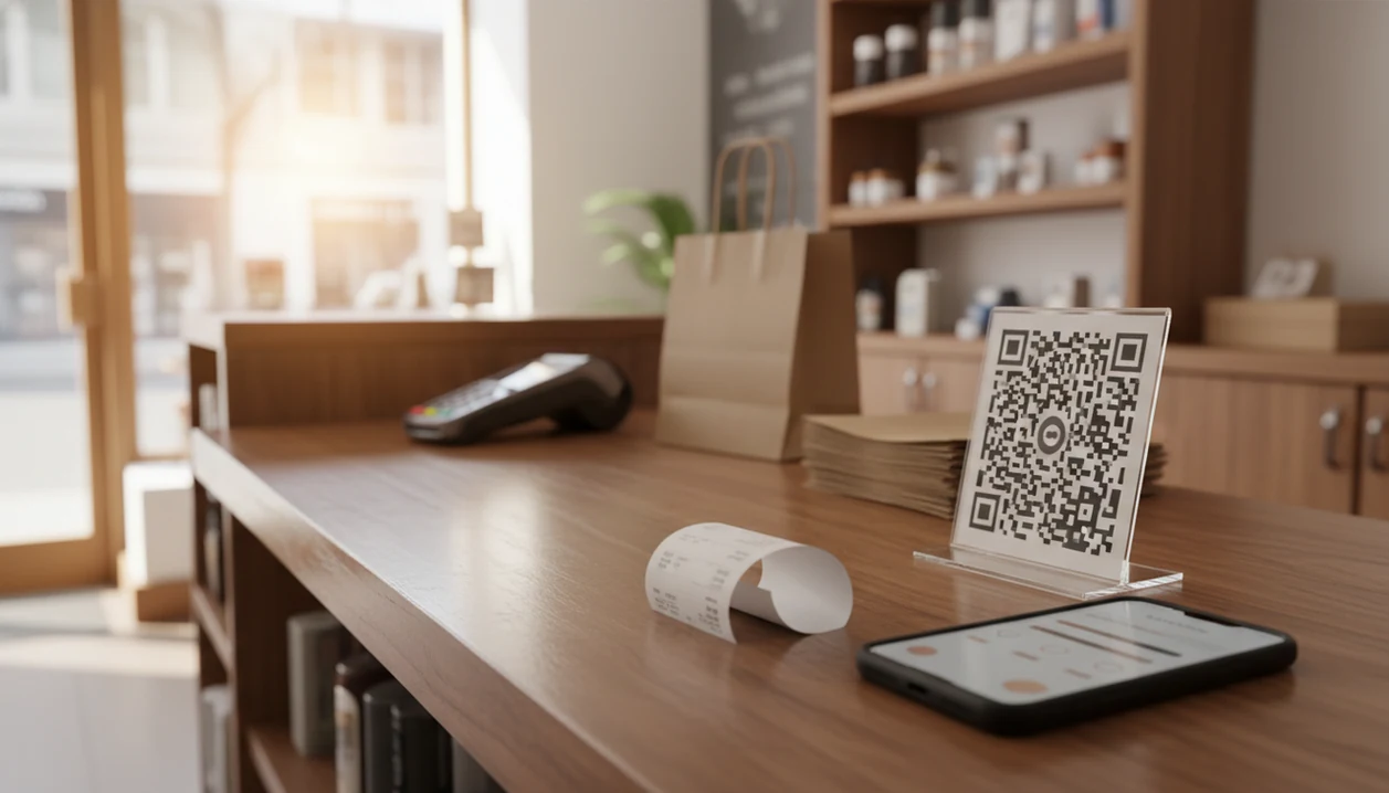 A checkout counter shows a QR feedback stand, receipt, and smartphone ready for a short customer survey.