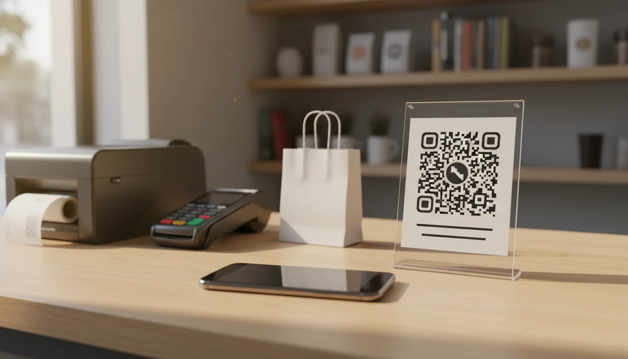 An Android phone on a checkout counter faces a QR feedback survey sign beside a receipt and shopping bag.