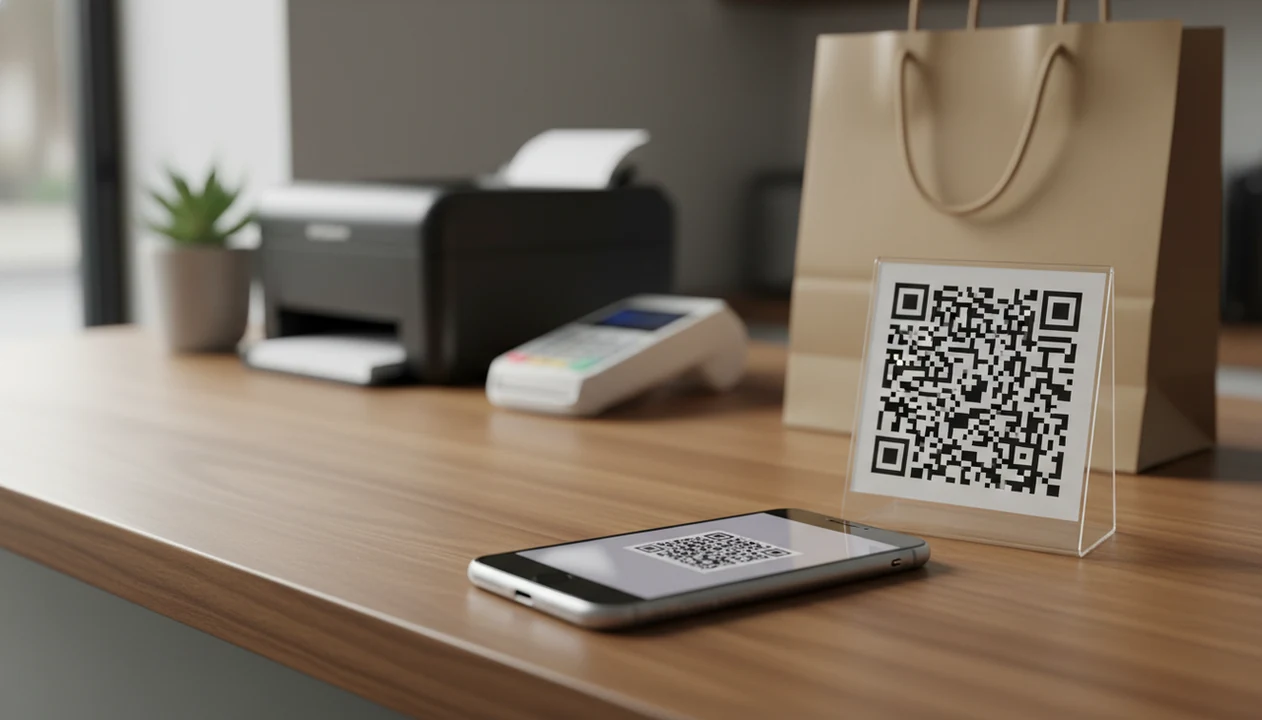 An iPhone scans a QR code feedback sign on a small business checkout counter.