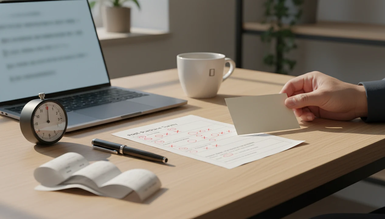 A manager’s desk shows a flagged survey response, timer, receipts, and a blank follow-up note ready for action.
