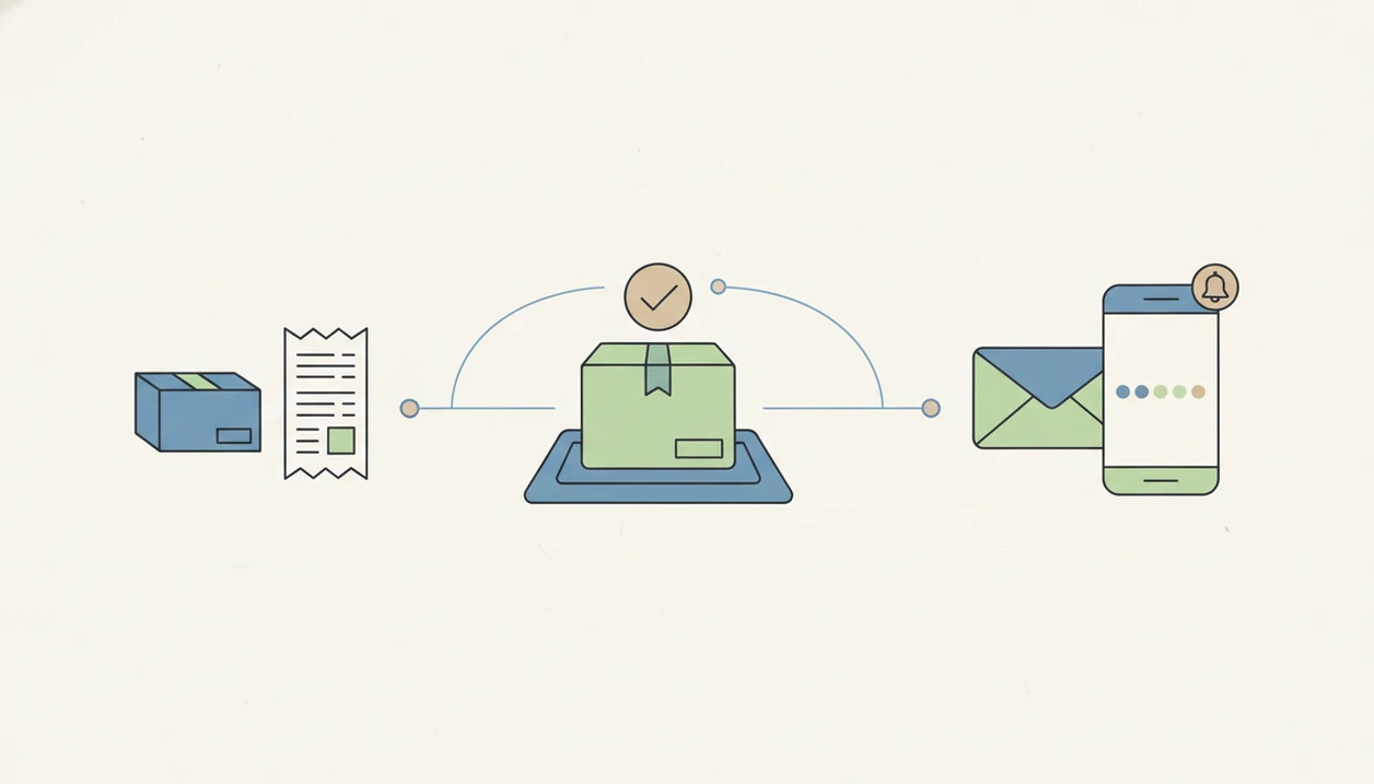 An illustrated workflow shows an online order leading to delivery, survey messages, and a feedback alert.