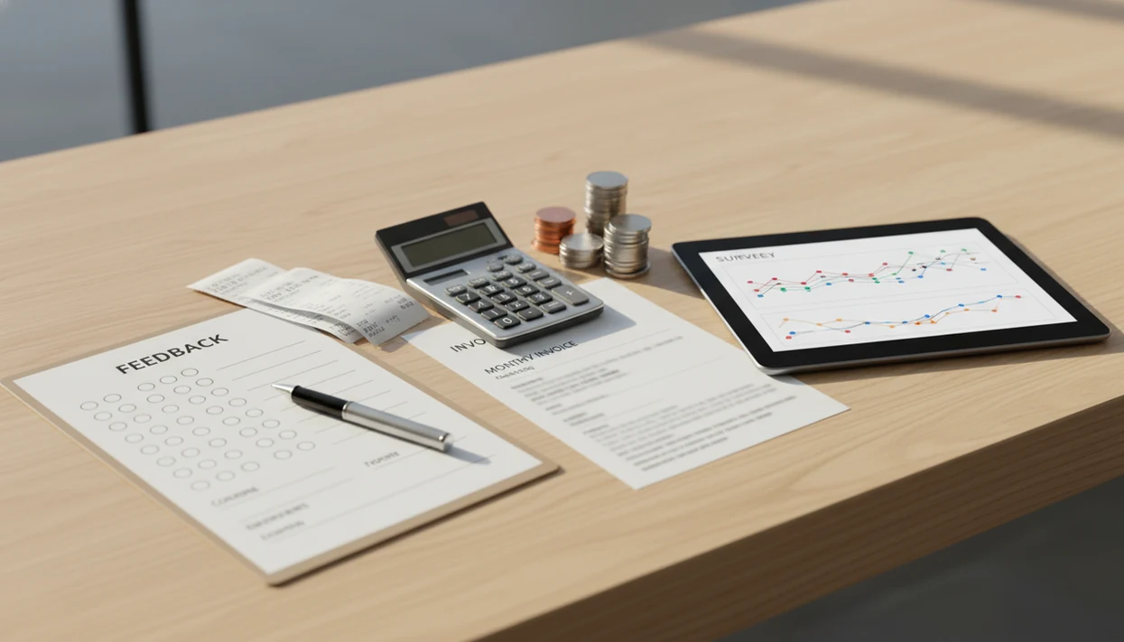 A shop counter shows feedback forms, receipts, coins, a calculator, and survey charts on a tablet.