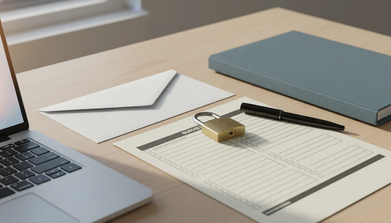 A desk still life shows a survey form, envelope, padlock, folder, and pen arranged for email compliance.