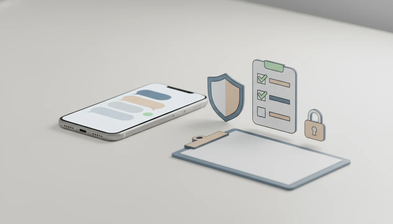A phone with abstract message bubbles sits beside compliance symbols like a shield, checklist, and lock.