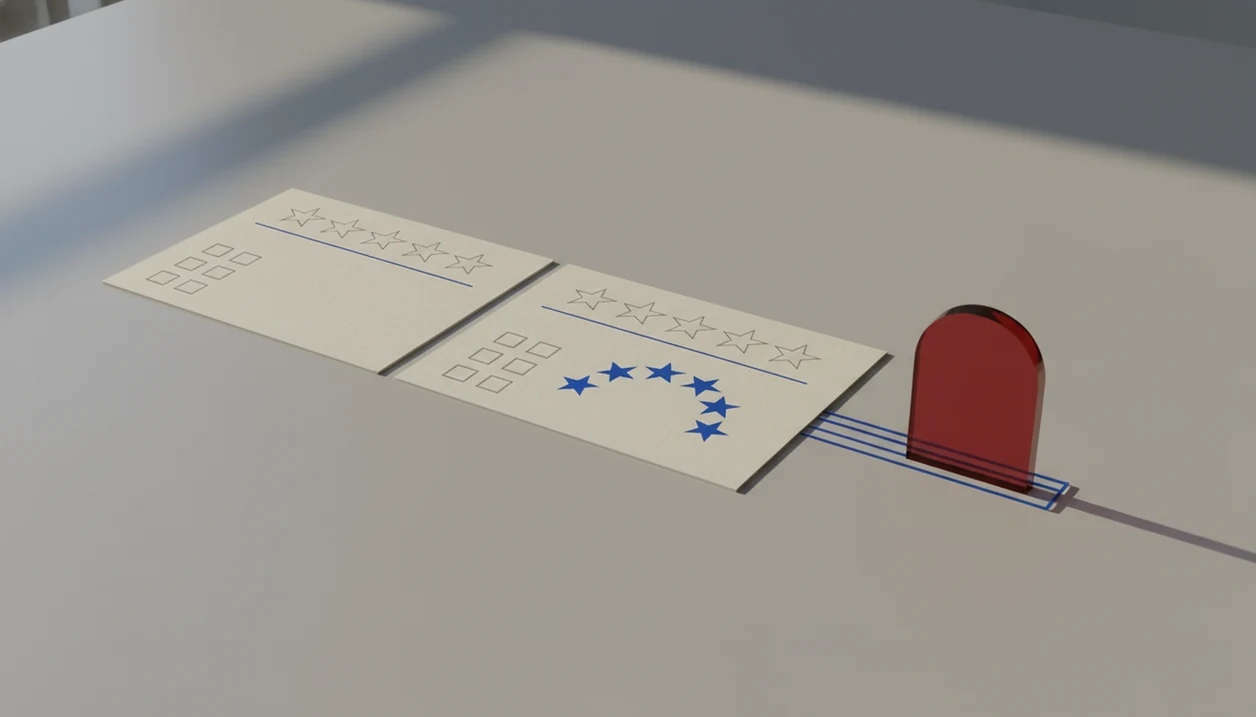 Two feedback cards take the same path to public review stars while a red gate sits unused nearby.