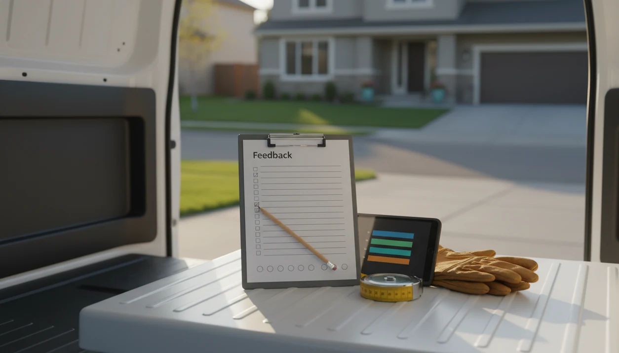 A clipboard feedback form and service tools sit on a van tailgate after a completed local job.