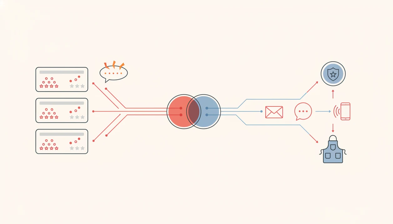 A clean diagram shows low survey scores triggering rules that route alerts to different channels and roles.