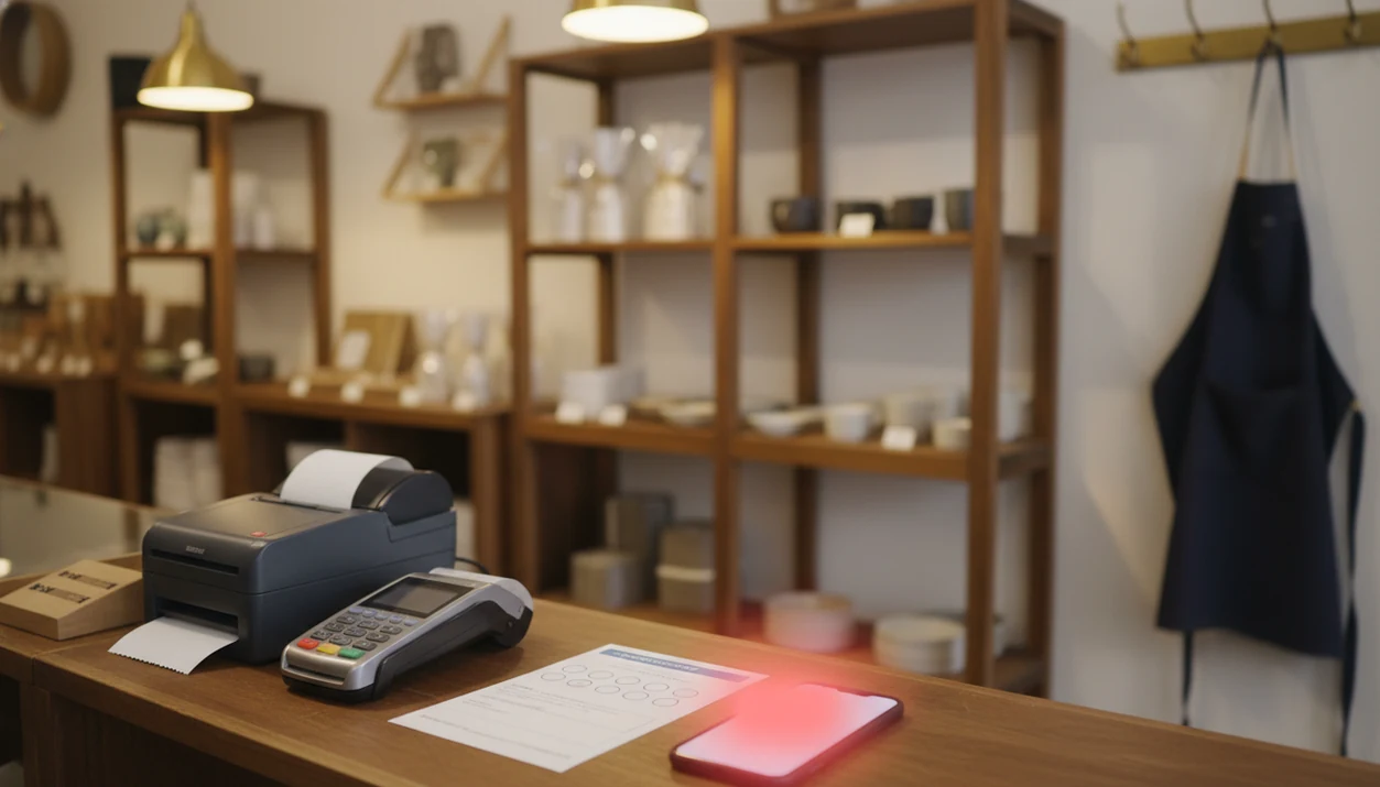 A small shop counter shows a blurred urgent phone alert beside a customer survey card and receipt printer.