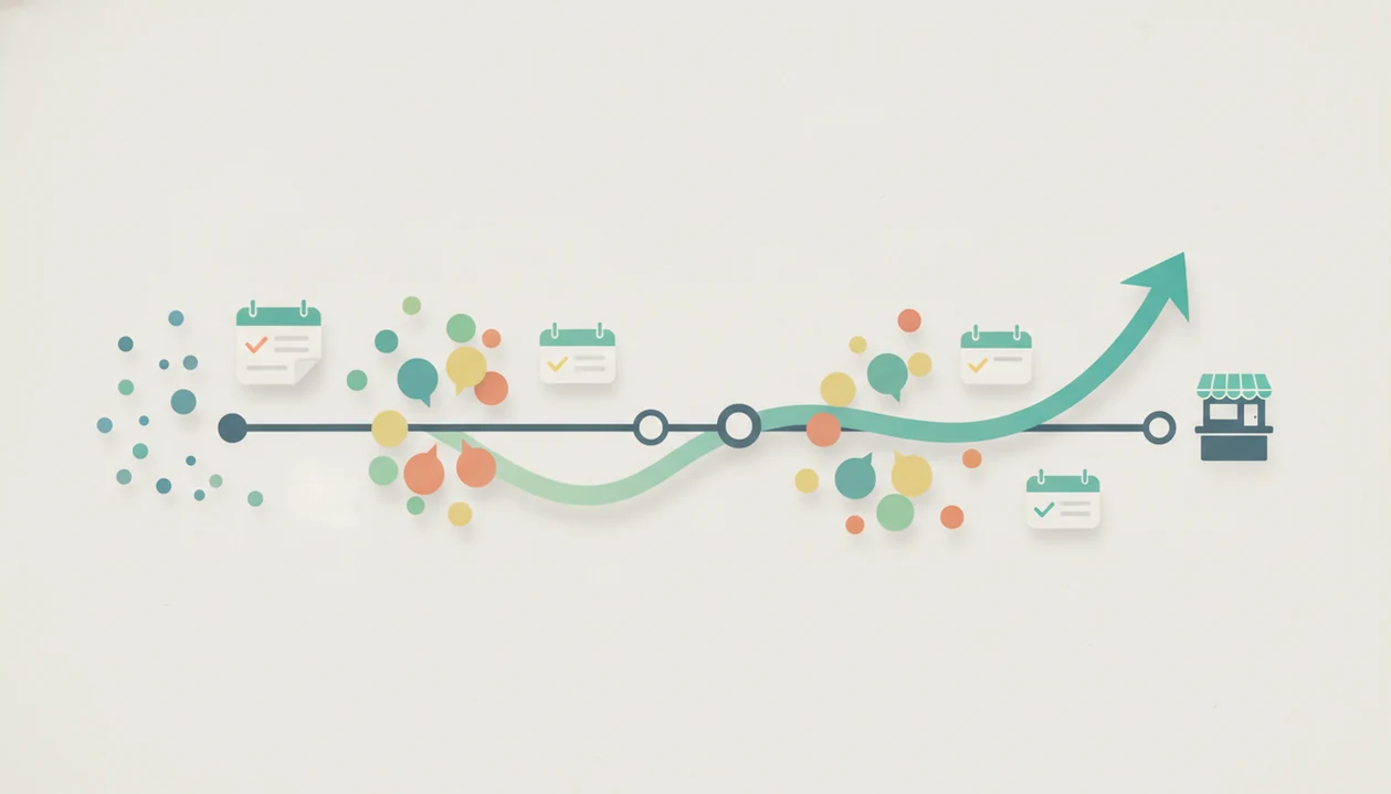 An abstract timeline shows early survey responses becoming a steadier NPS trend for a small business.