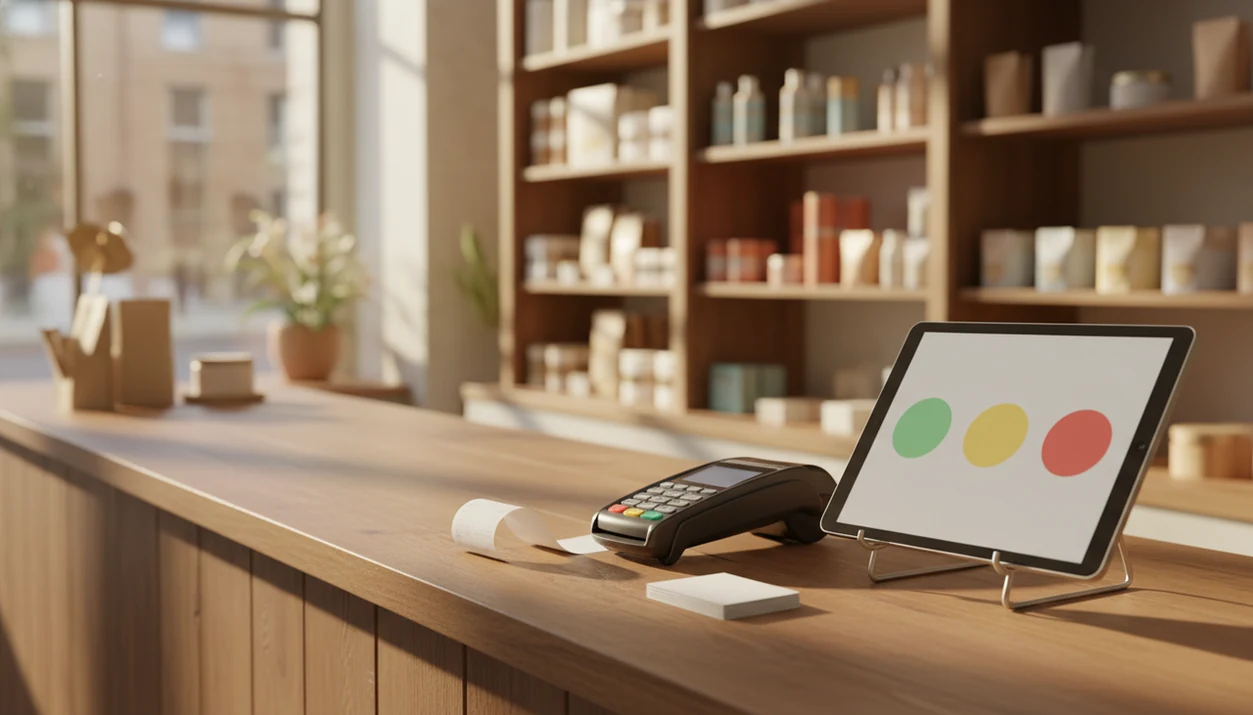 A small shop checkout counter shows a tablet with simple rating circles beside a receipt and feedback cards.