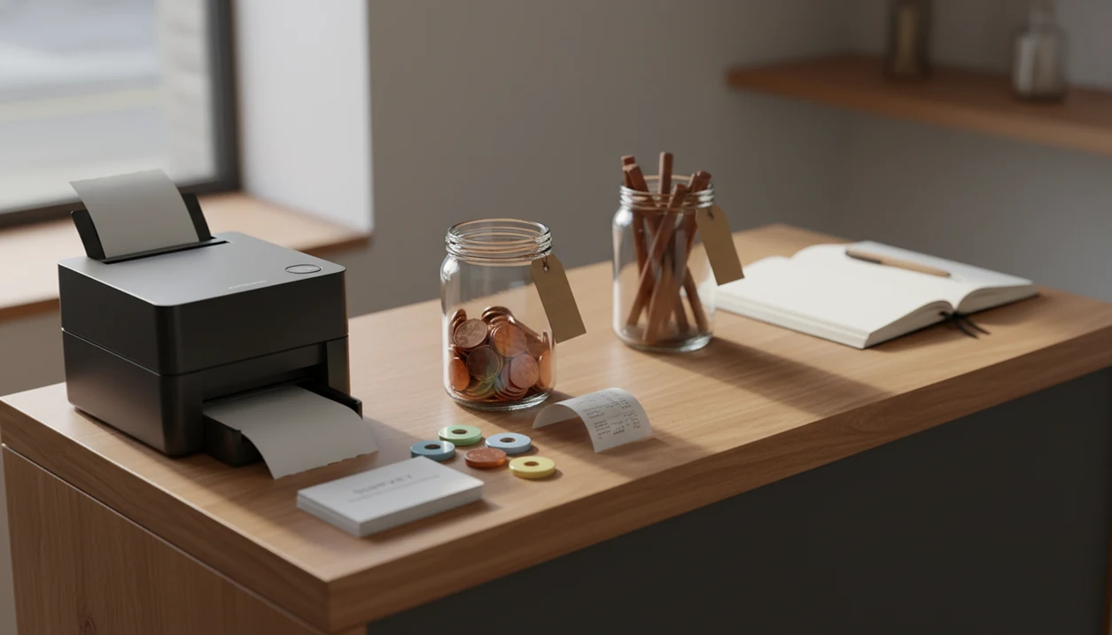 A shop counter still life separates quick satisfaction tokens from longer-term loyalty feedback.