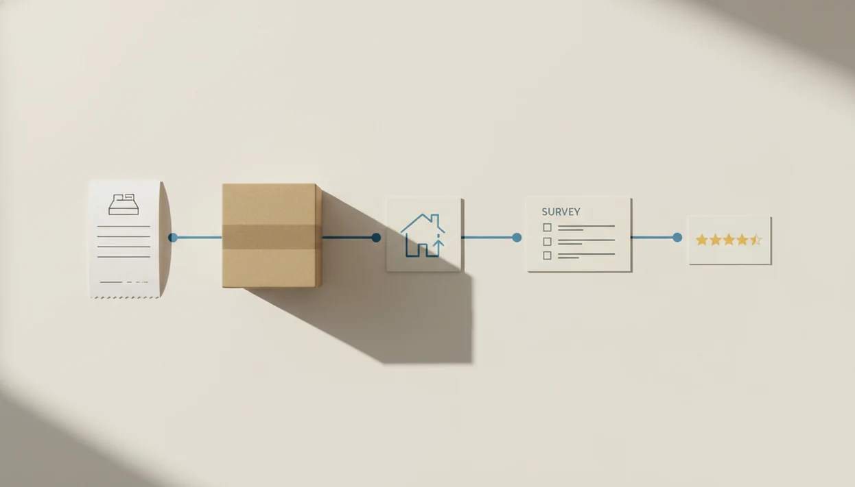 A top-down timeline of checkout, shipping, delivery, survey, and review items on a clean desk.