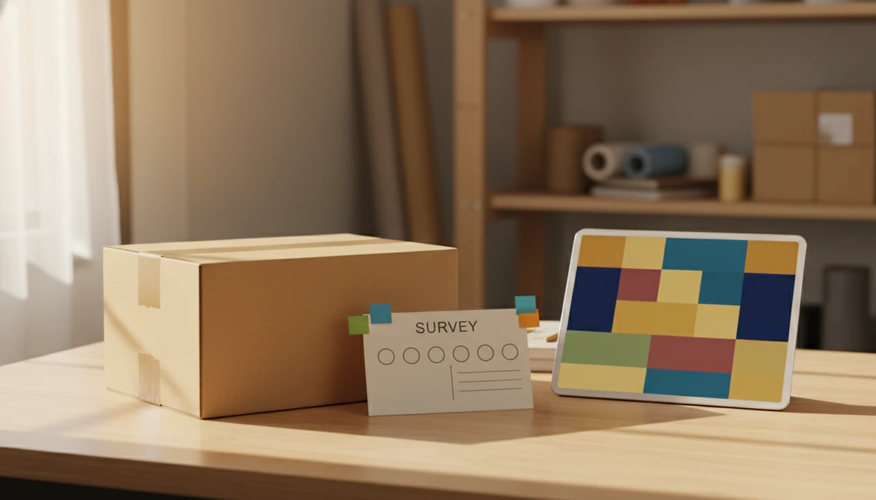 A shipping box, blank survey card, and tablet suggest feedback collected right after a purchase.