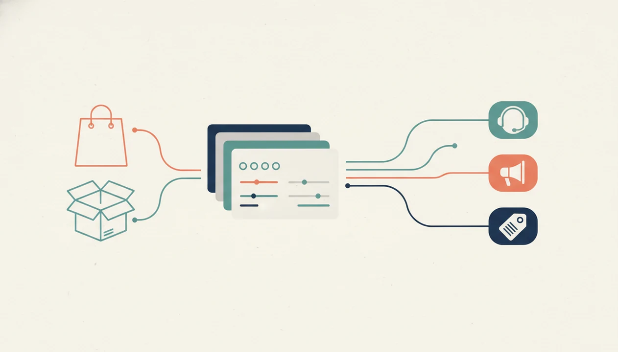 An illustrated workflow shows purchase triggers feeding survey responses into business actions.