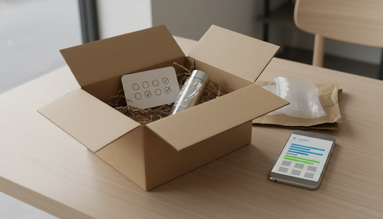 An opened delivery box sits beside a phone and blank feedback card for a post-delivery product survey.