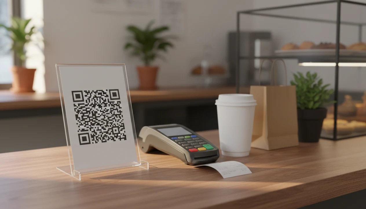 A blank QR code feedback sign sits on a café counter beside a receipt, card reader, cup, and paper bag.