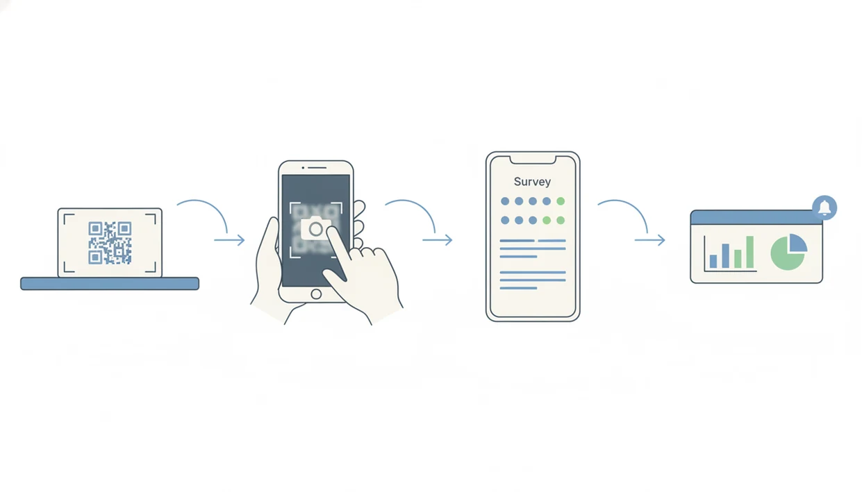 A simple diagram shows a QR code leading to a phone survey, then charts and an alert icon.