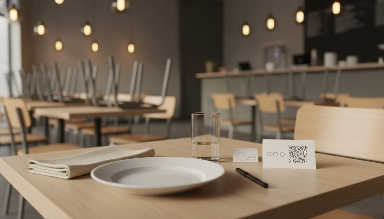 A restaurant table after a meal with a receipt, pen, and blank guest feedback card ready to complete.