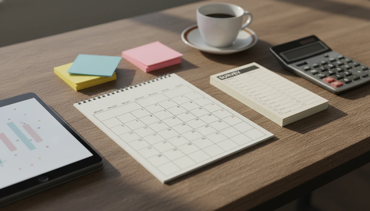A small business desk with survey cards, grouped notes, and a 30-day calendar for reviewing feedback.
