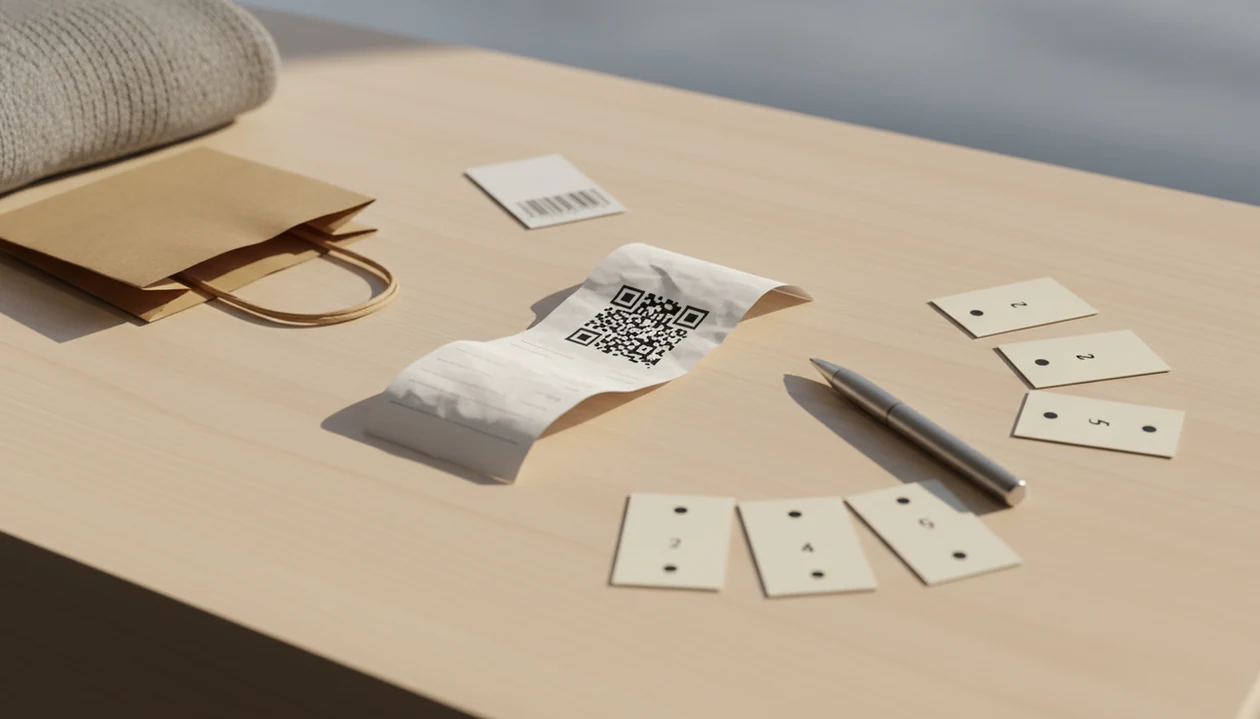 A retail checkout flat lay shows a receipt survey prompt beside a shopping bag, product tag, pen, and rating cards.