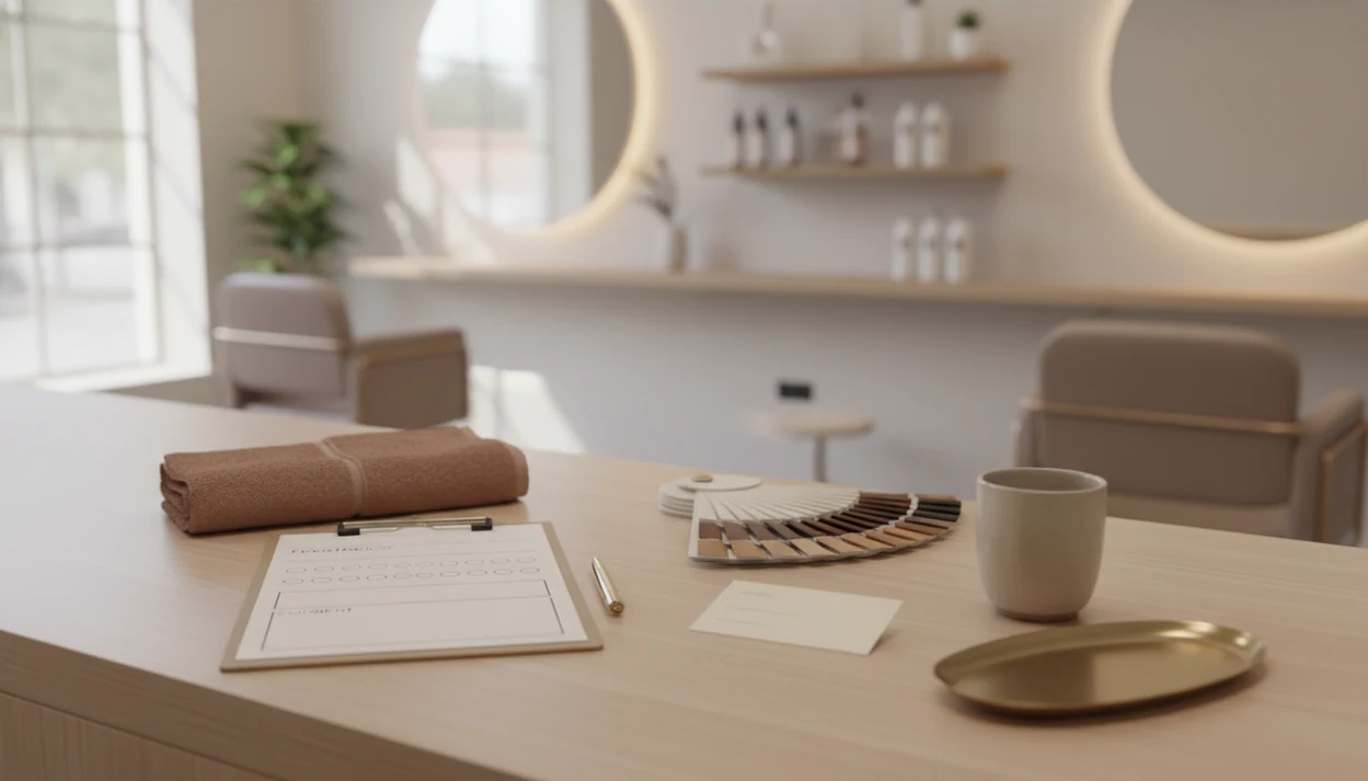 A salon counter with a blank feedback form, pen, towel, and styling details in soft natural light.