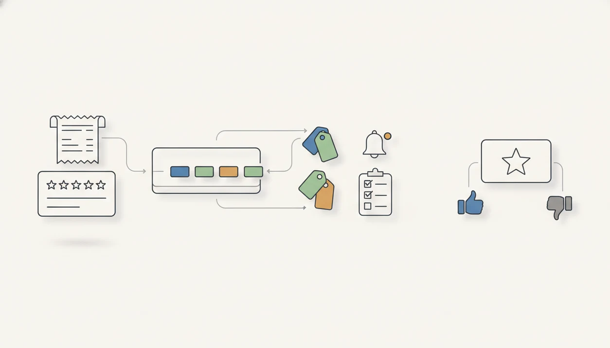Illustration of survey responses flowing into follow-up tasks and optional public review requests.