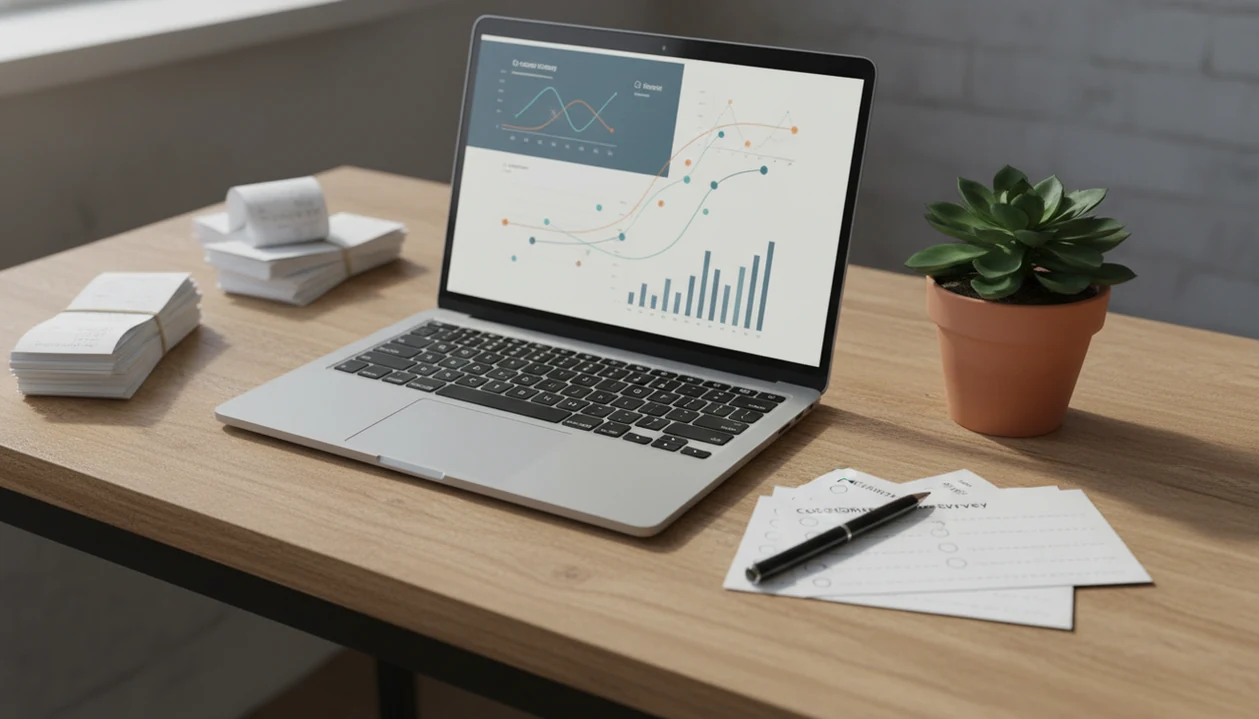 A laptop dashboard with abstract trend charts sits beside blank survey cards and receipts on a small business desk.