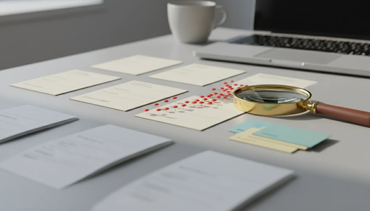 Blank feedback cards and red trend markers on a small business desk show rising customer issue patterns.