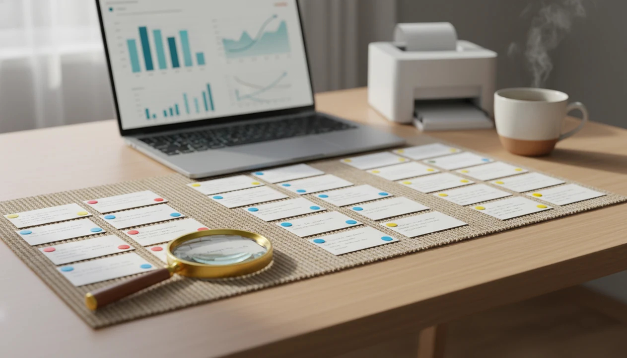 Feedback cards are grouped by colored tags beside a laptop showing abstract complaint trends.