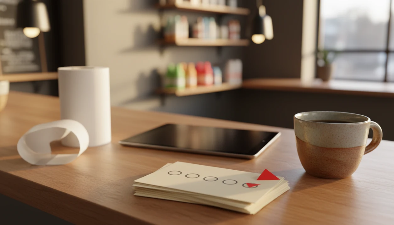 Survey cards on a shop counter show one flagged response for an unhappy customer follow-up.