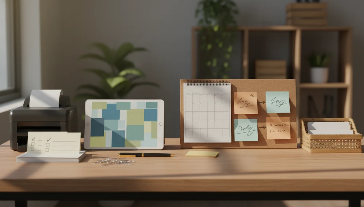 A small business desk shows feedback cards organized into follow-up tasks and action items.